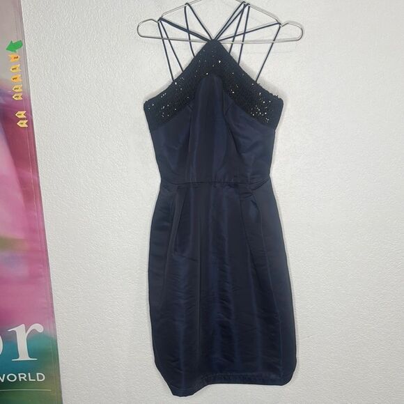Theia Navy Halter Midi Dress Size 4 - Picture 2 of 13
